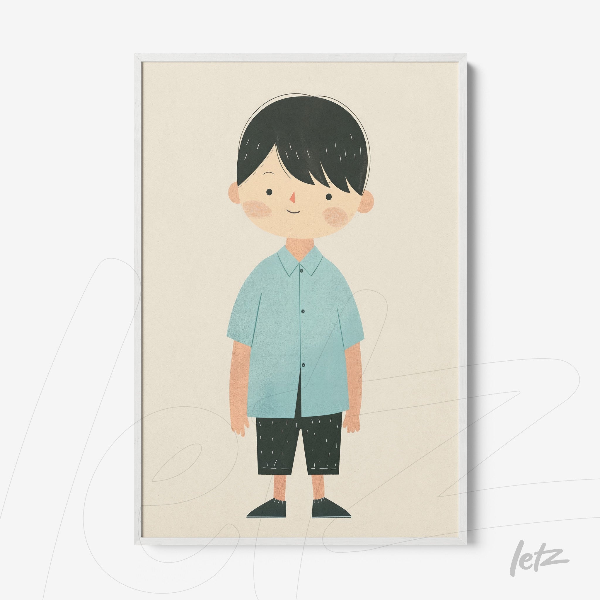 framed artwork featuring a smiling boy in light blue shirt and dark pants with a white frame