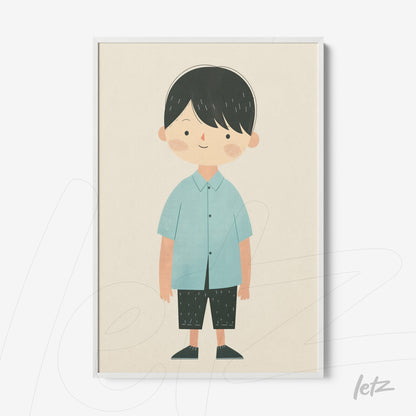 framed artwork featuring a smiling boy in light blue shirt and dark pants with a white frame