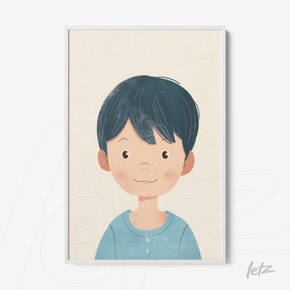framed cartoon illustration of a smiling boy with short blue hair and white frame