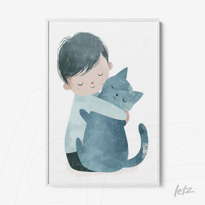 illustration of a boy hugging a cat, featuring soft shades of blue and a white frame