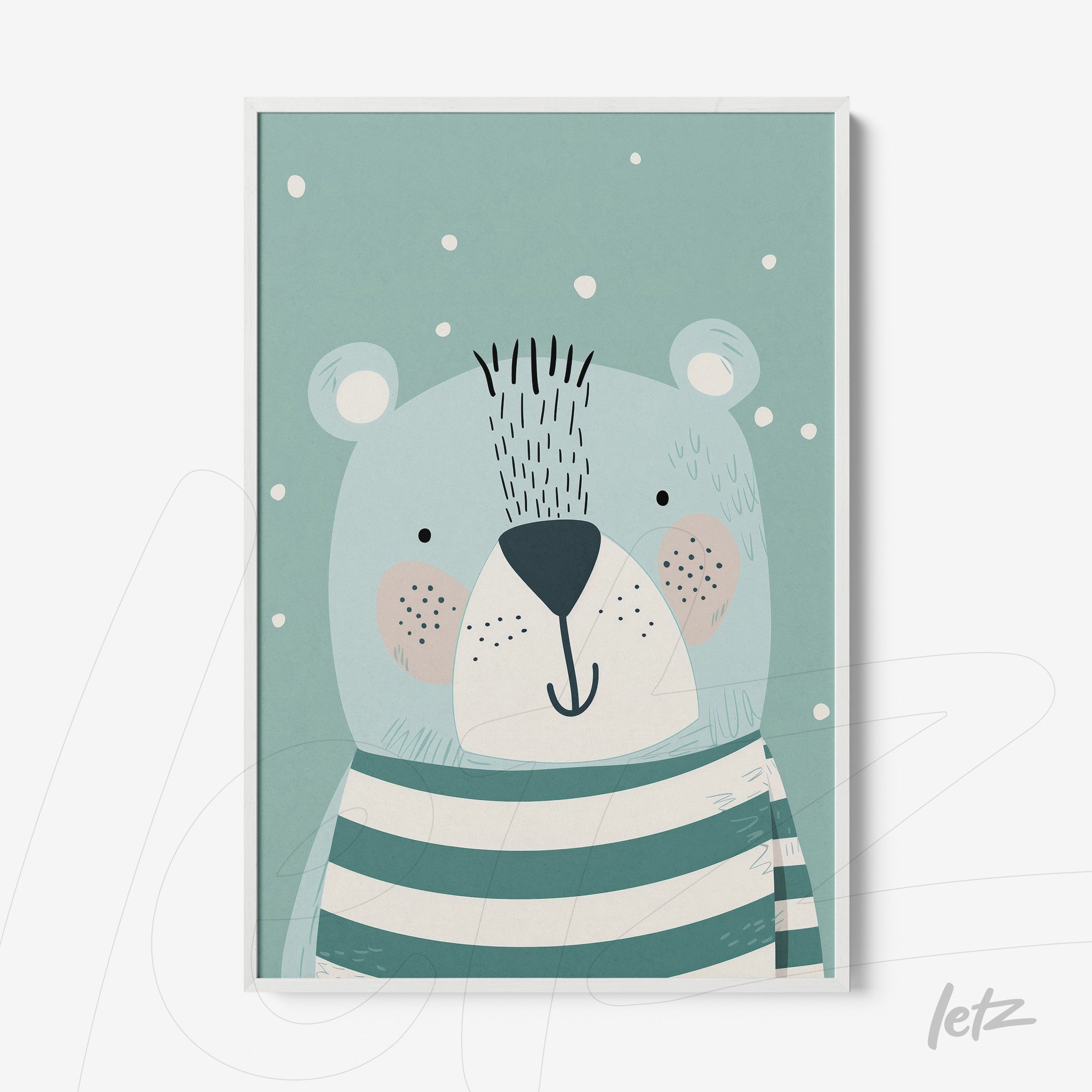 framed wall art featuring a blue bear with green stripes on a light green background