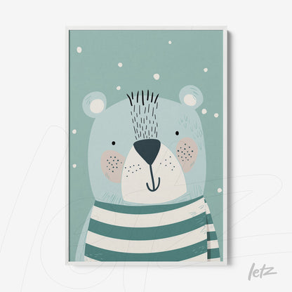 framed wall art featuring a blue bear with green stripes on a light green background