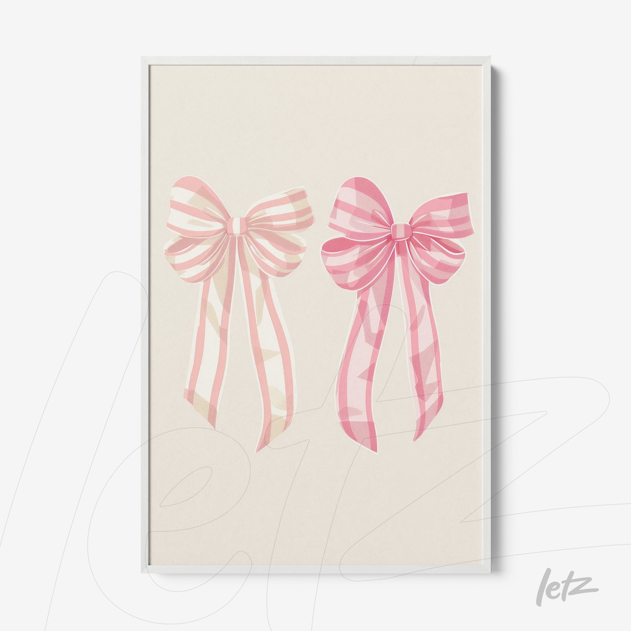 framed artwork featuring pink ribbon illustrations on a light background