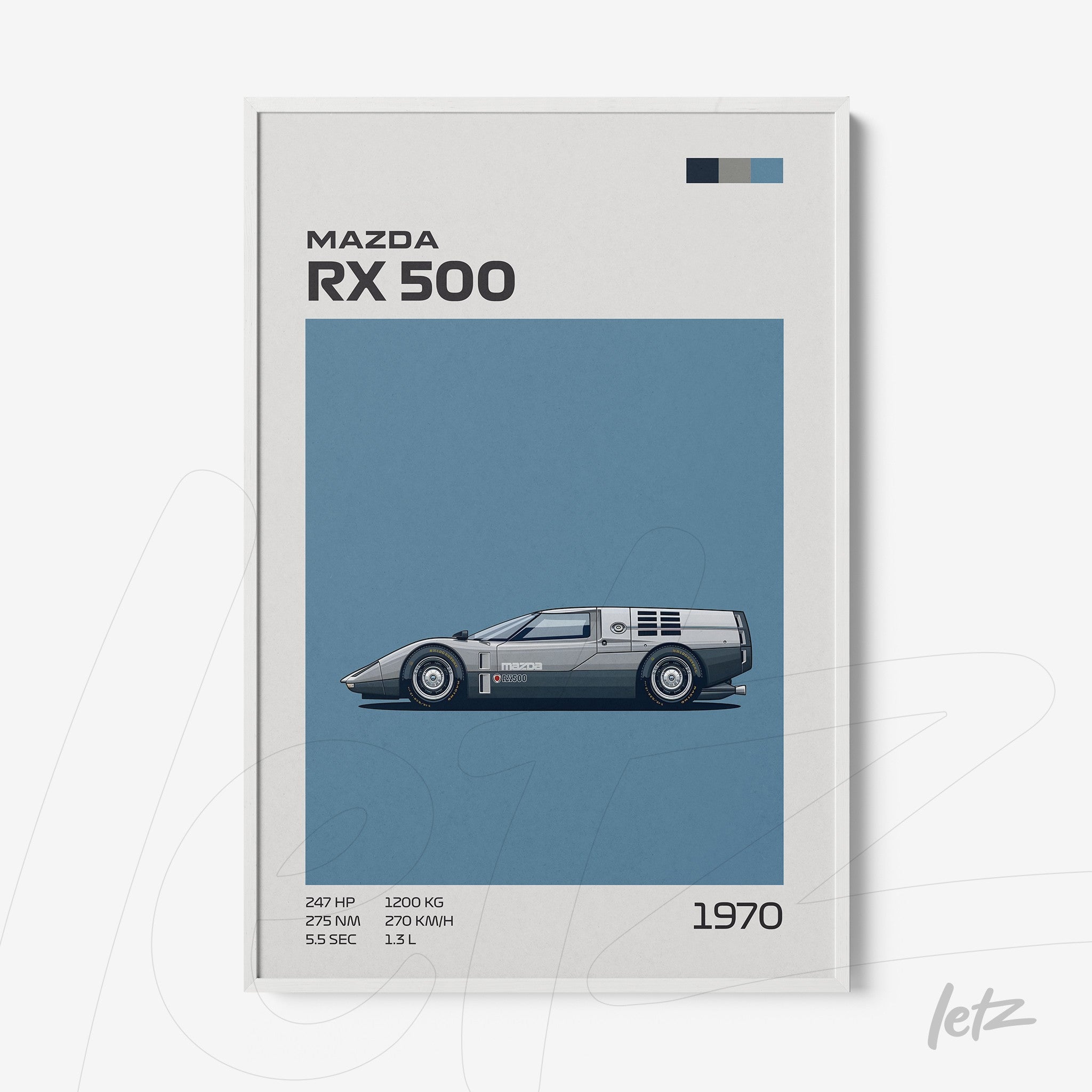 framed art featuring the Mazda RX 500 car illustration on a blue background with a white frame