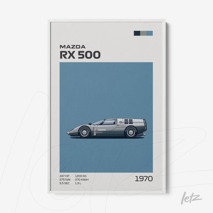 framed art featuring the Mazda RX 500 car illustration on a blue background with a white frame