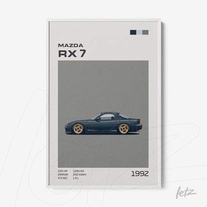 framed artwork of a 1992 Mazda RX 7 illustration in white frame, gray background with graphic details