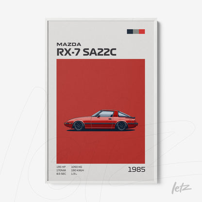 framed artwork featuring a red Mazda RX-7 SA22C from 1985 against a solid red background