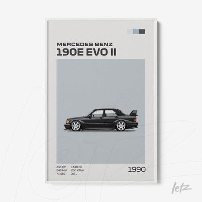 framed art illustrating the Mercedes Benz 190E Evo II on a gray background with white frame