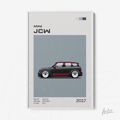 digital art print of 2017 Mini JCW car against a gray background featuring red accents with white frame