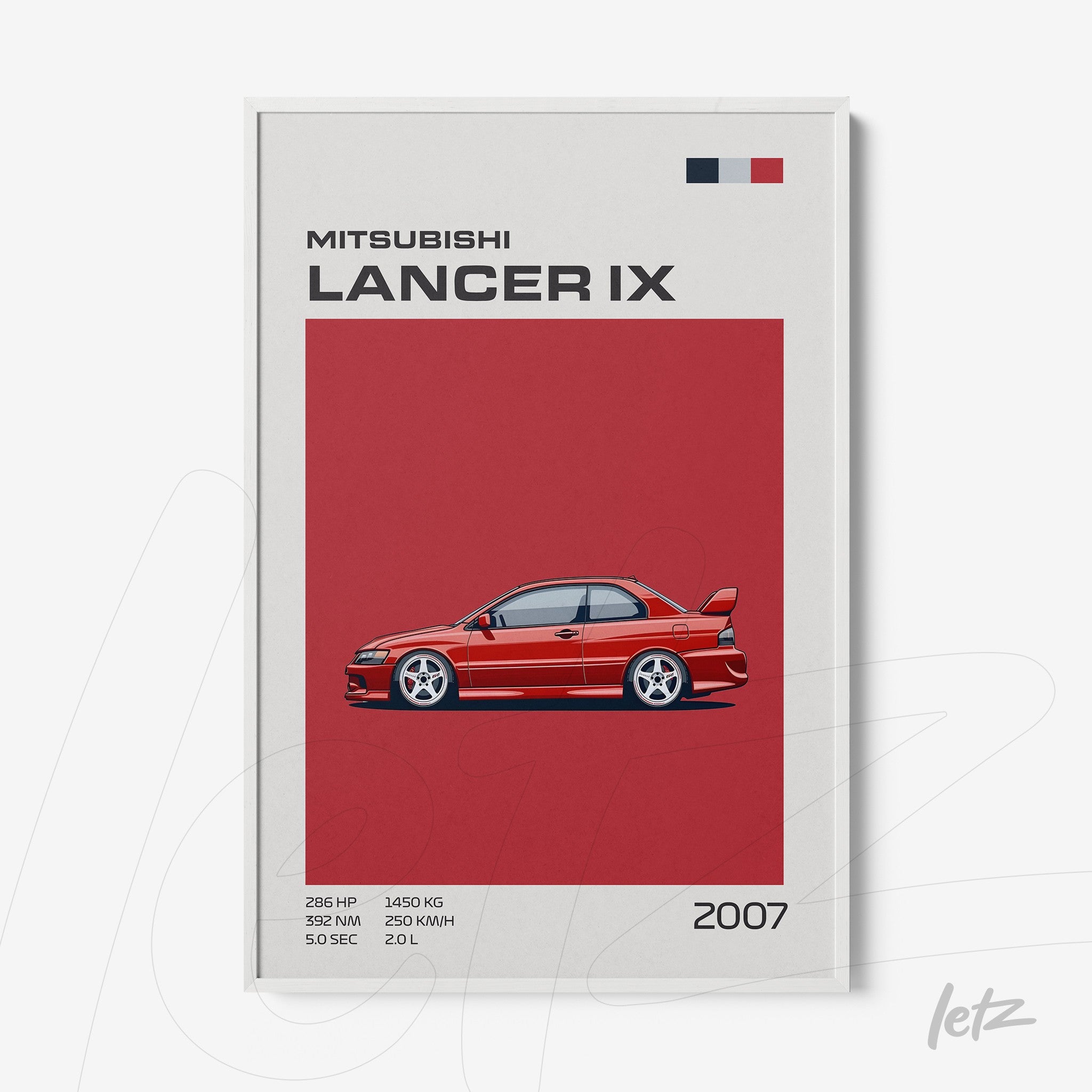 framed minimalist illustration of the 2007 Mitsubishi Lancer IX set against a red background with white frame