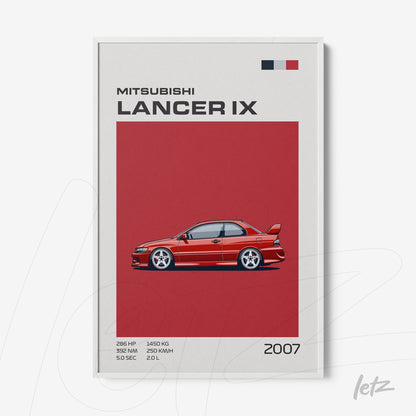 framed minimalist illustration of the 2007 Mitsubishi Lancer IX set against a red background with white frame