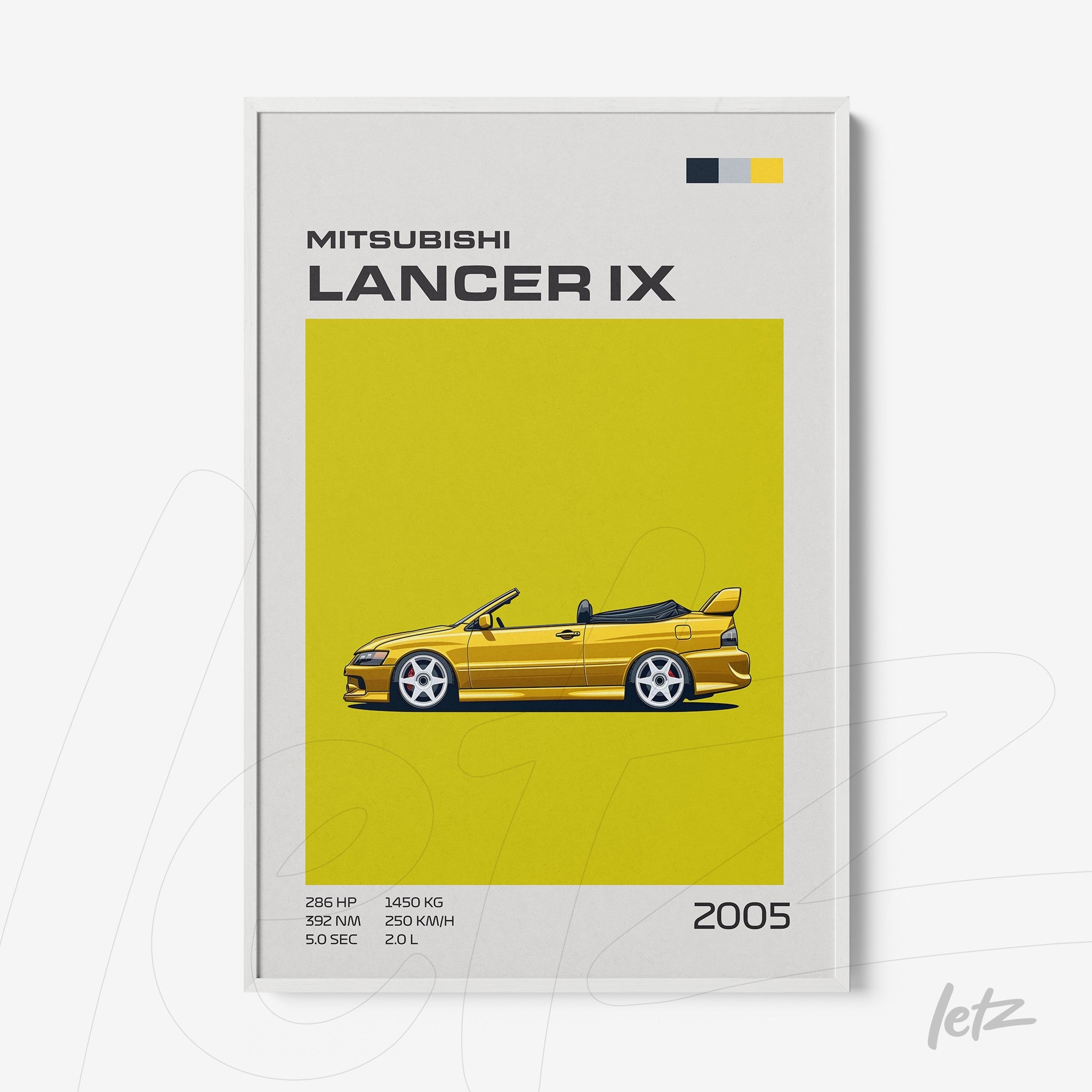 framed artwork depicting the 2005 Mitsubishi Lancer IX in vibrant yellow background