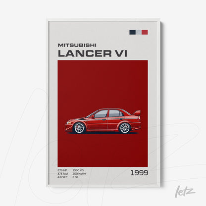 framed digital art of Mitsubishi Lancer VI in red background with white frame