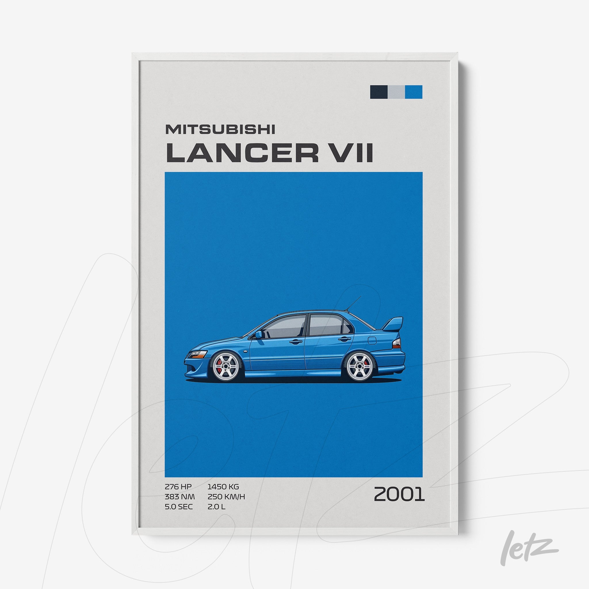 framed artwork featuring Mitsubishi Lancer VII on vibrant blue background with white frame