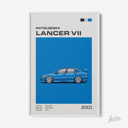 framed artwork featuring Mitsubishi Lancer VII on vibrant blue background with white frame