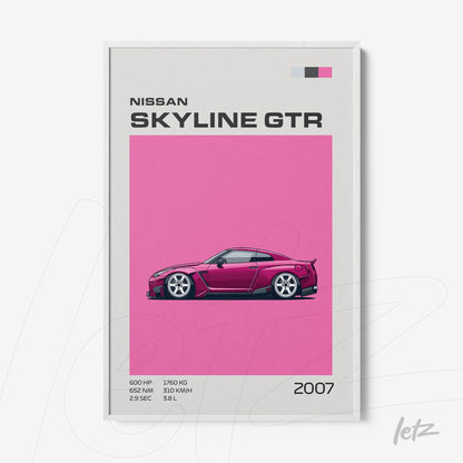 framed artwork featuring a stylized illustration of the nissan skyline gtr against a vibrant pink background