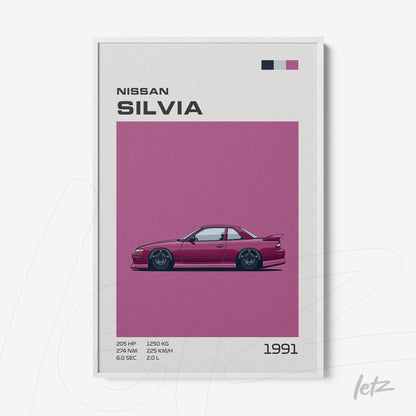 framed art featuring the 1991 Nissan Silvia in a bold purple background with technical specifications