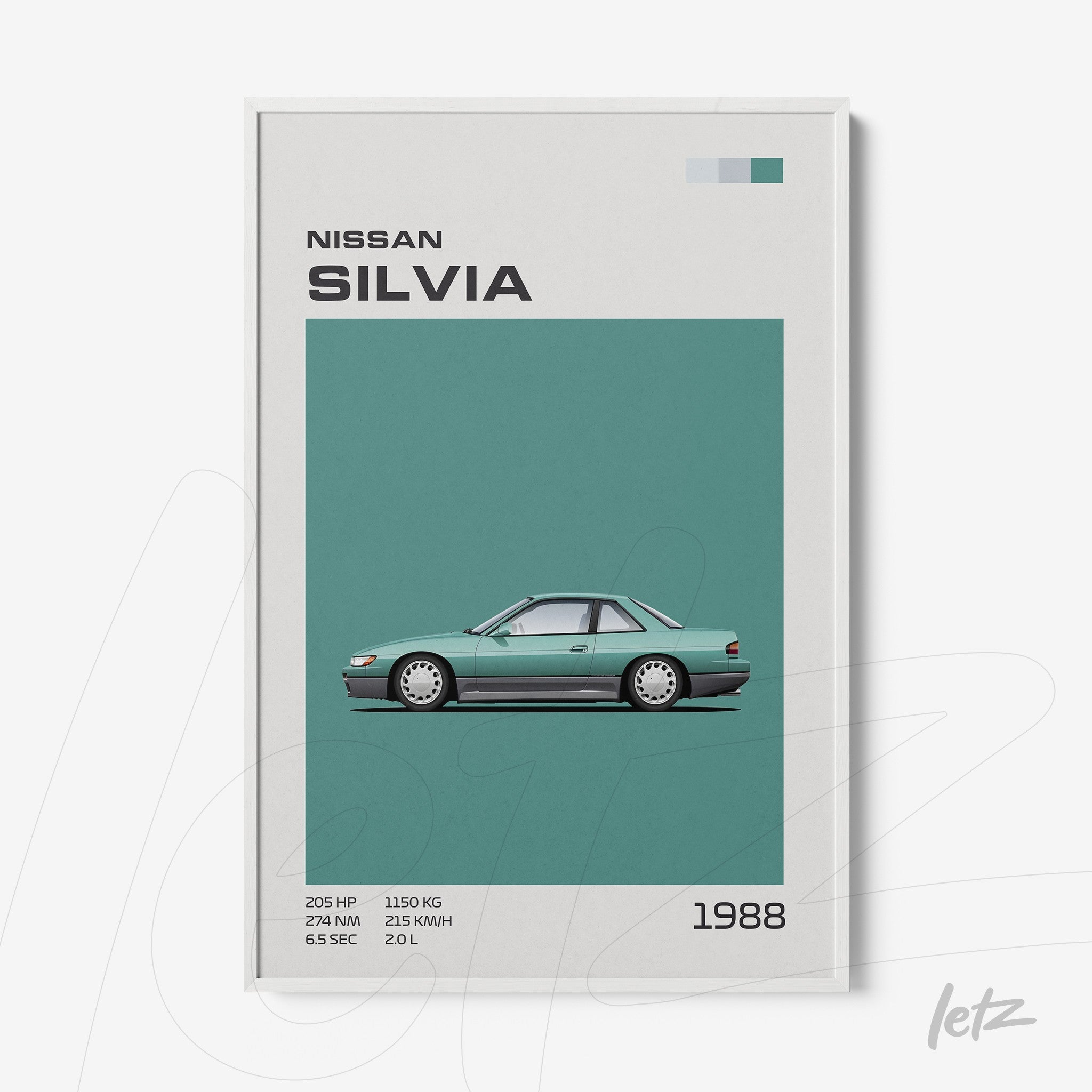minimalist framed art of the 1988 Nissan Silvia with a white frame