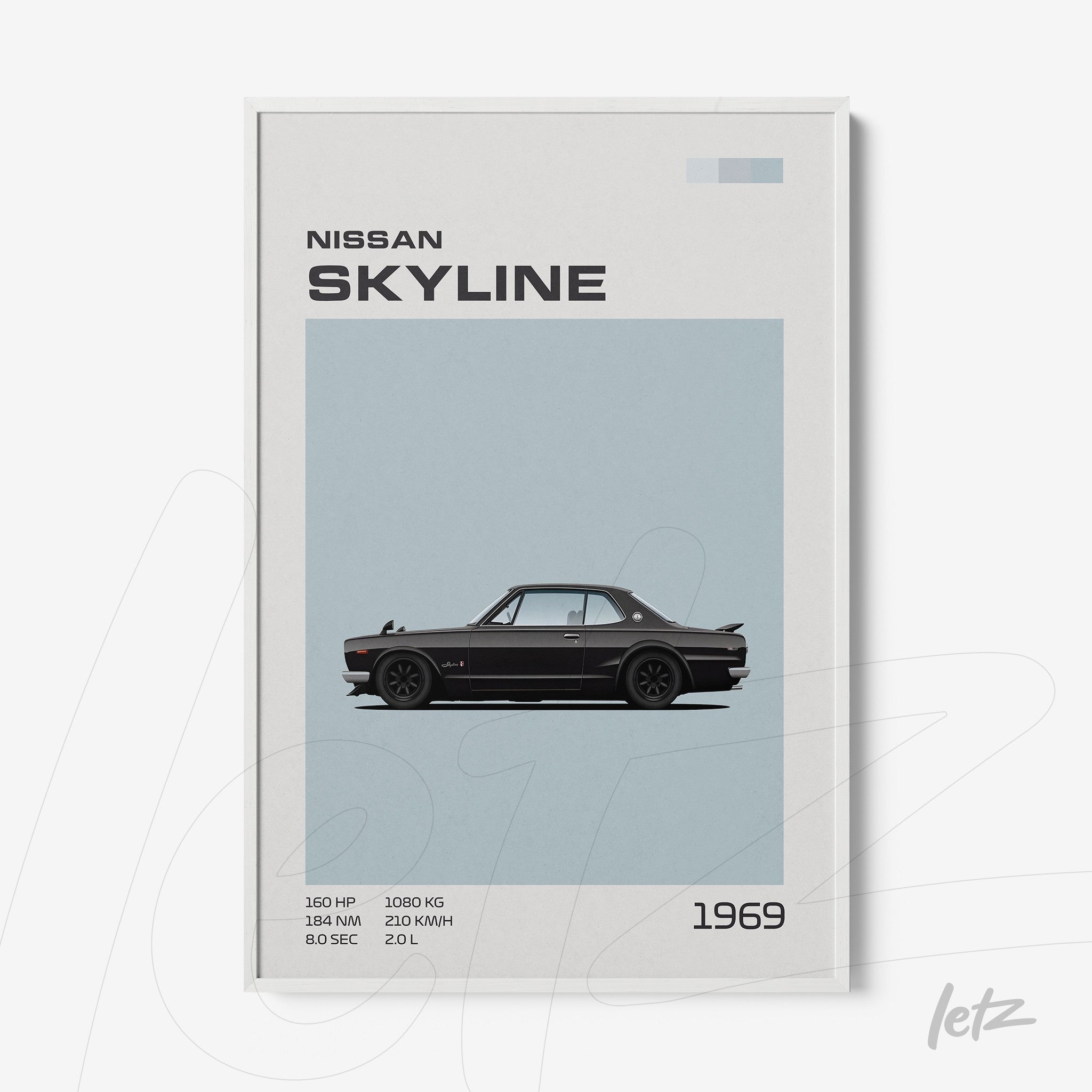 framed wall art featuring a minimalist illustration of a 1969 Nissan Skyline with a white frame and light blue background