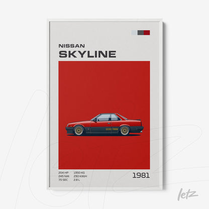 framed artwork of 1981 Nissan Skyline car illustration with red background and white frame