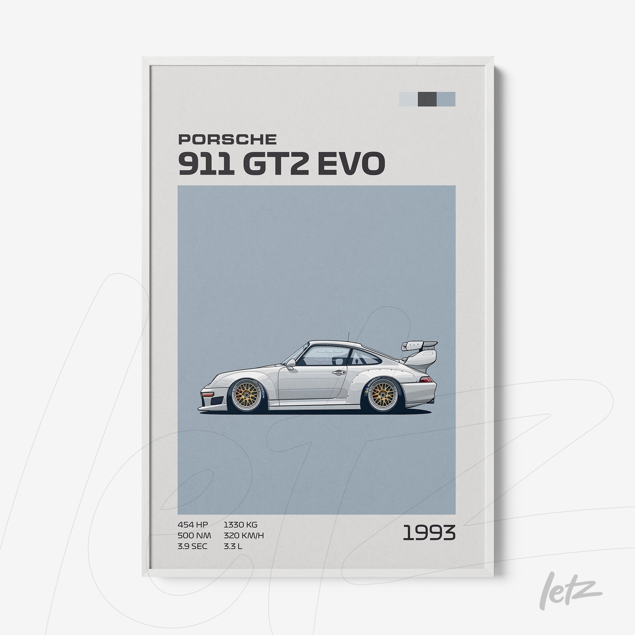 framed artwork featuring a stylized Porsche 911 GT2 EVO from 1993 on a light blue background