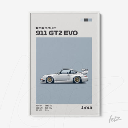 framed artwork featuring a stylized Porsche 911 GT2 EVO from 1993 on a light blue background