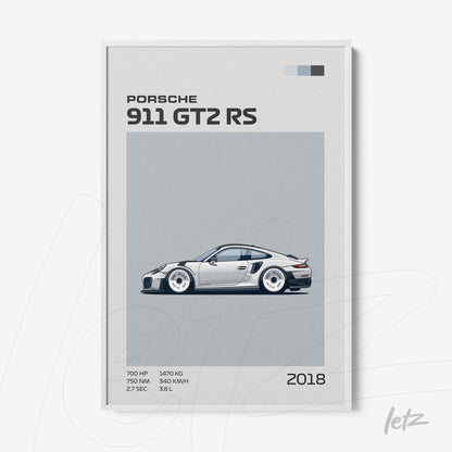 framed artwork featuring a stylized illustration of the 2018 Porsche 911 GT2 RS with a white frame