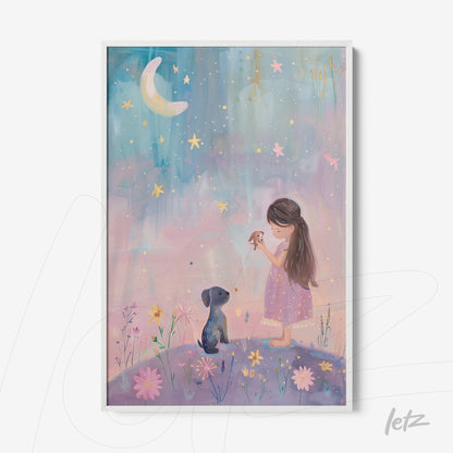 framed illustration of a girl in a pink dress holding a bird next to a dog under a starry sky with flowers on the ground and a crescent moon