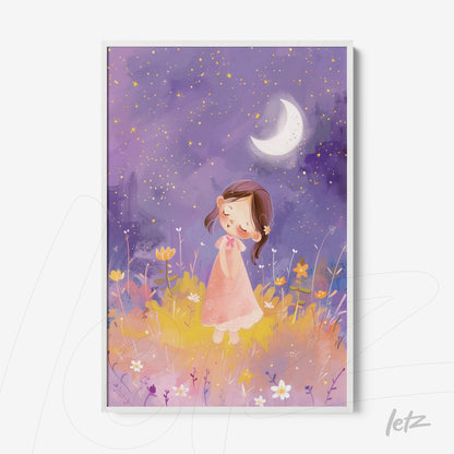 framed illustration of a small girl in a pink dress surrounded by flowers under a starry sky with a crescent moon