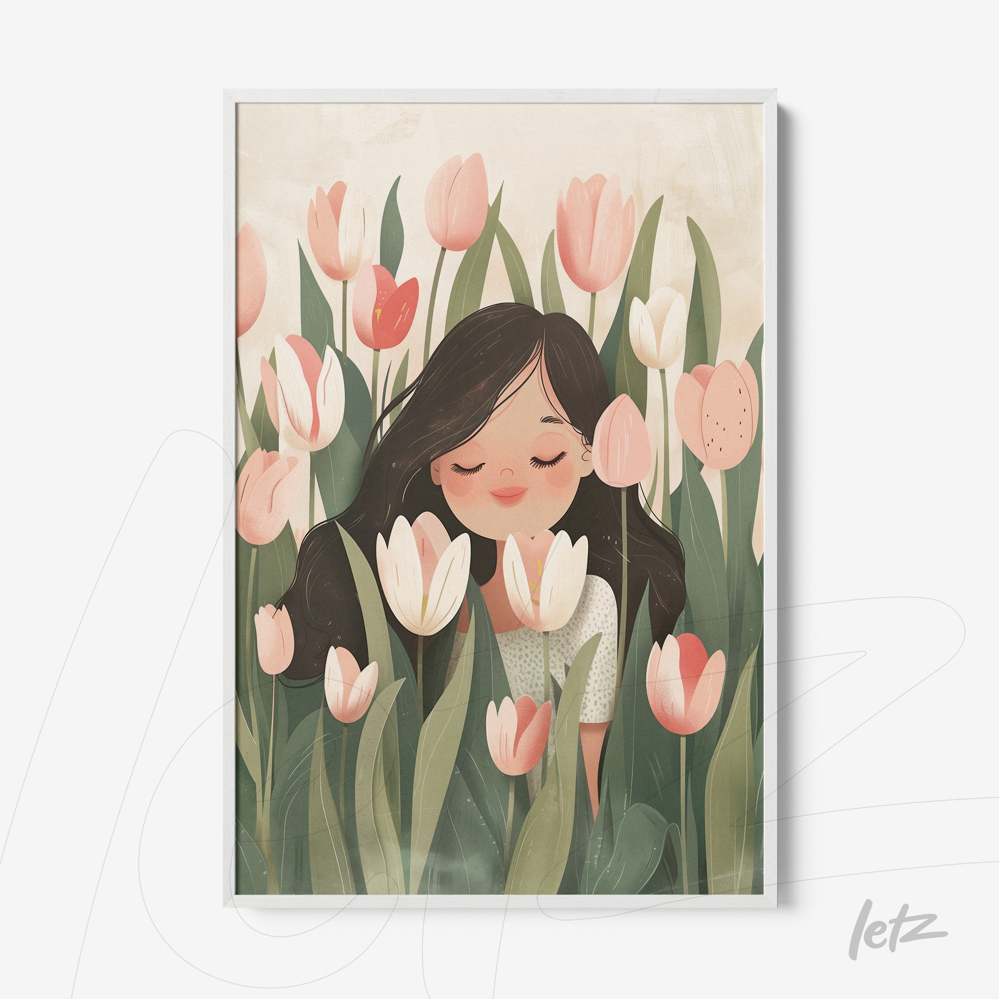 framed artwork featuring a woman smelling tulips surrounded by colorful flowers on a light background