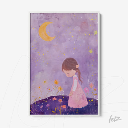 framed children's art of a girl in a flower field under a crescent moon with a purple background