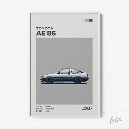 framed minimalist illustration of Toyota AE86 car with white frame and gray background