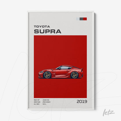 minimalist framed art of 2019 Toyota Supra on vibrant red background with white frame