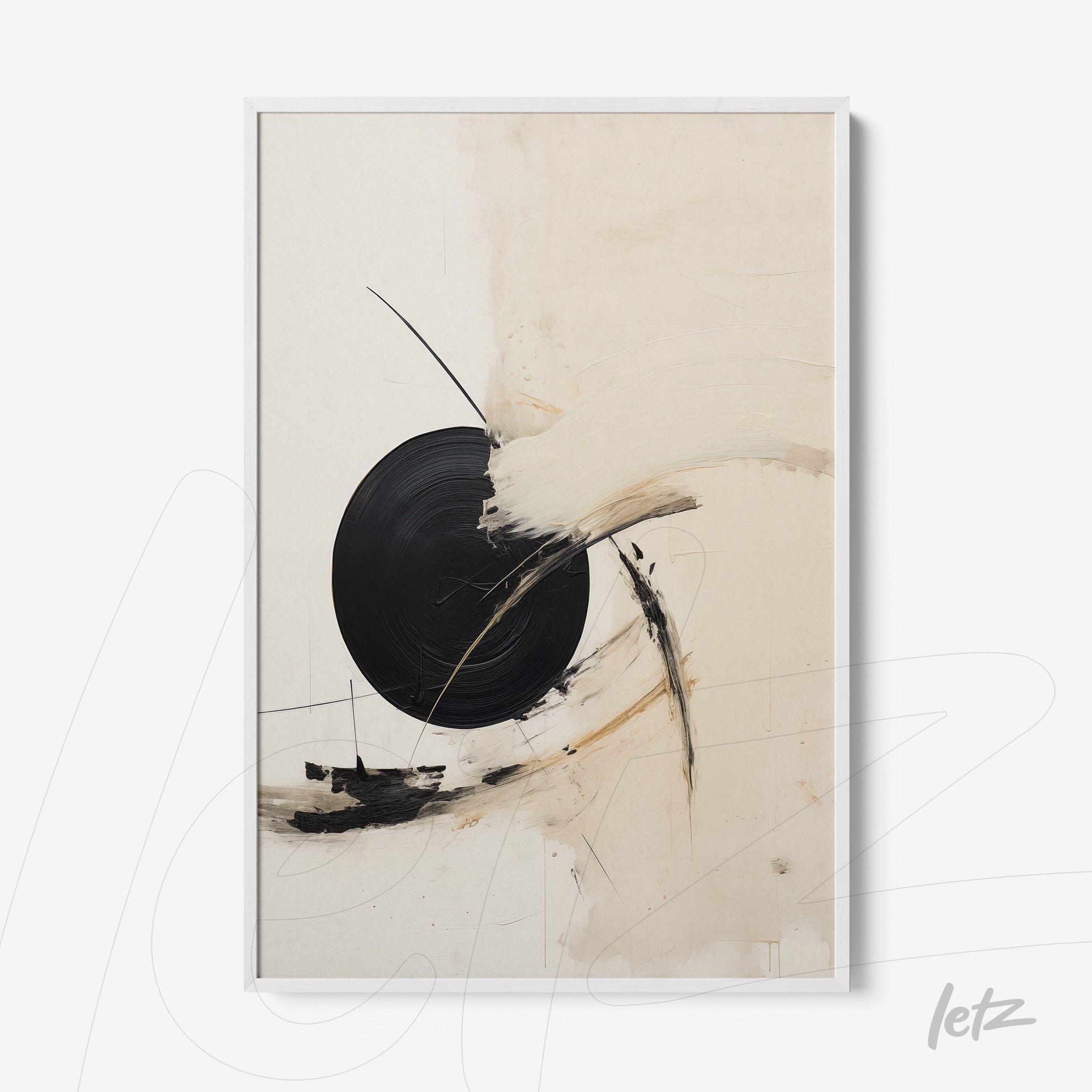 abstract wall art in neutral tones featuring a black circular shape with white frame
