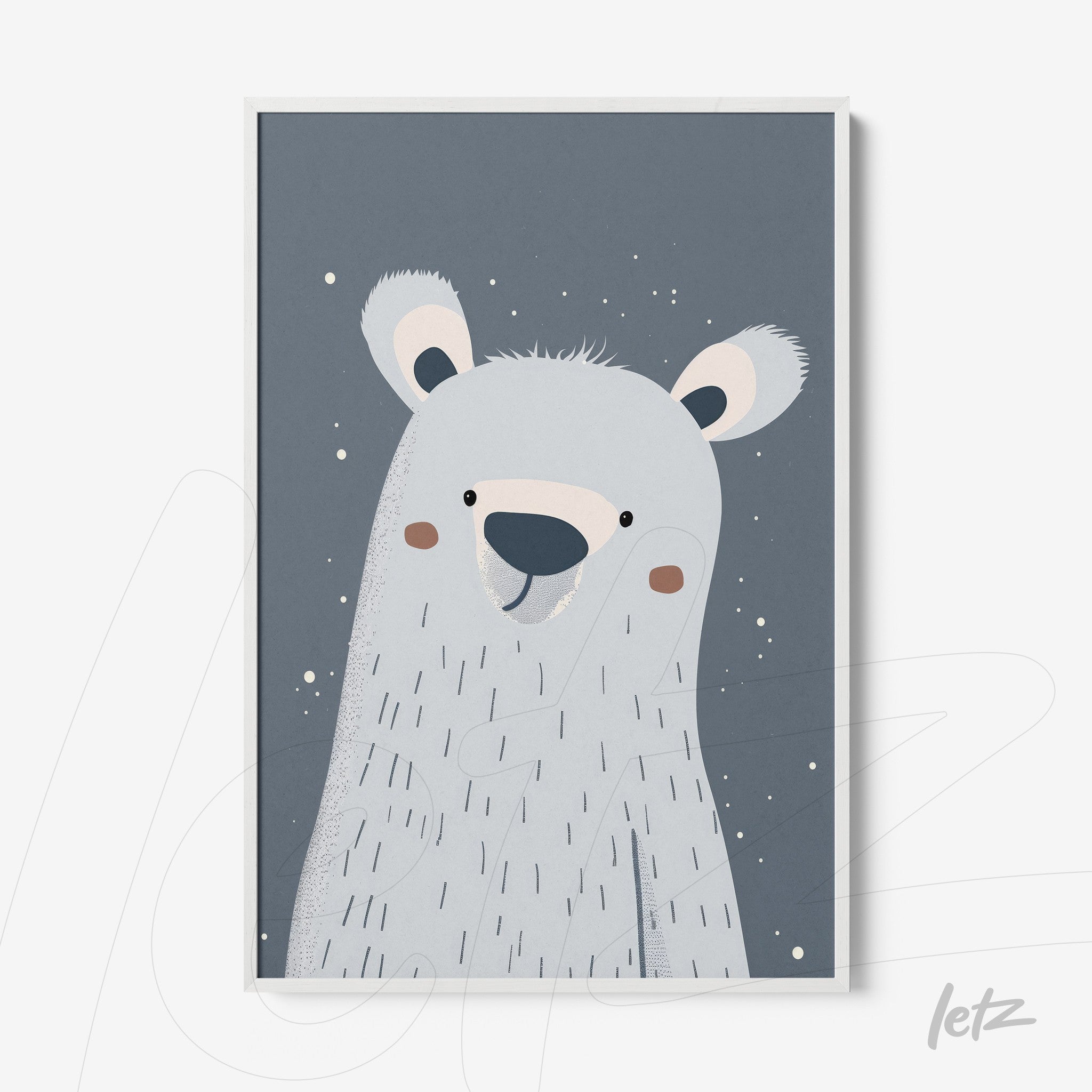 minimalist illustration of a smiling polar bear on a greyish blue background with white frame
