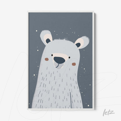 minimalist illustration of a smiling polar bear on a greyish blue background with white frame