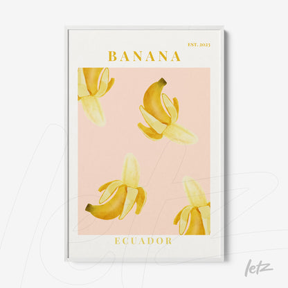 framed wall art featuring a banana illustration on light pink background with text 'BANANA ECUADOR'