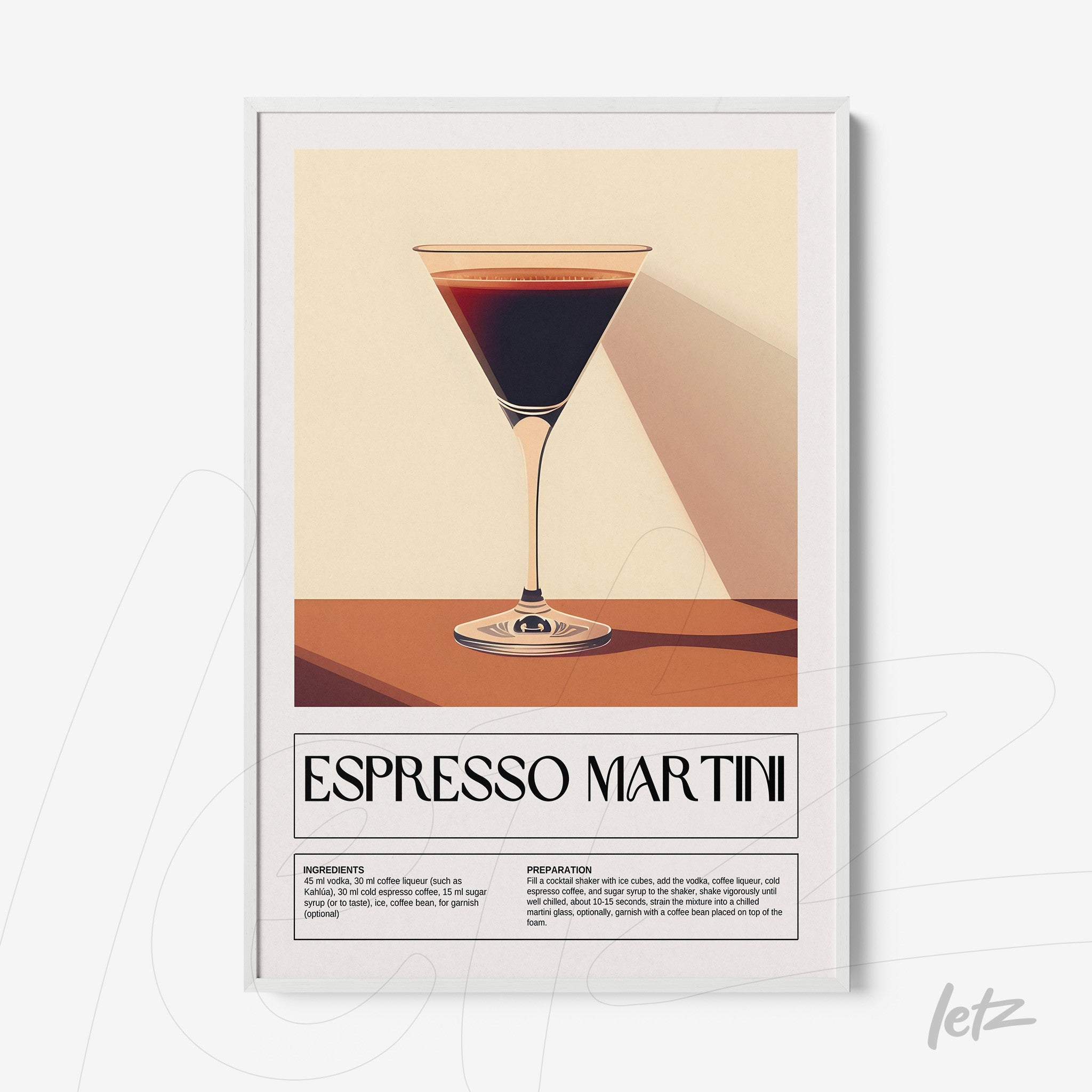retro style poster art of espresso martini in white frame