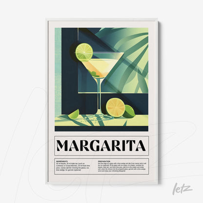 modern framed wall art featuring margarita cocktail with limes and tropical background