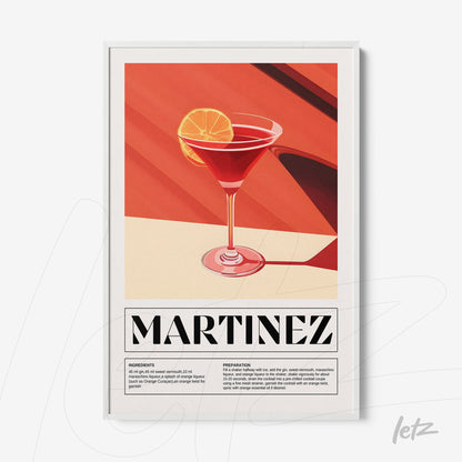 framed digital art of a martinez cocktail with a geometric red and cream background