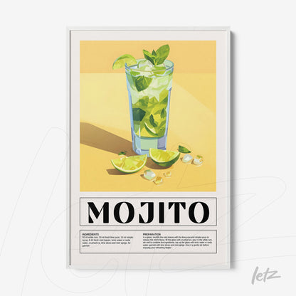 framed graphic art of mojito cocktail with white frame and yellow background