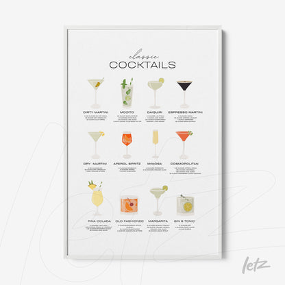 framed wall art featuring illustrations of classic cocktails with light frame