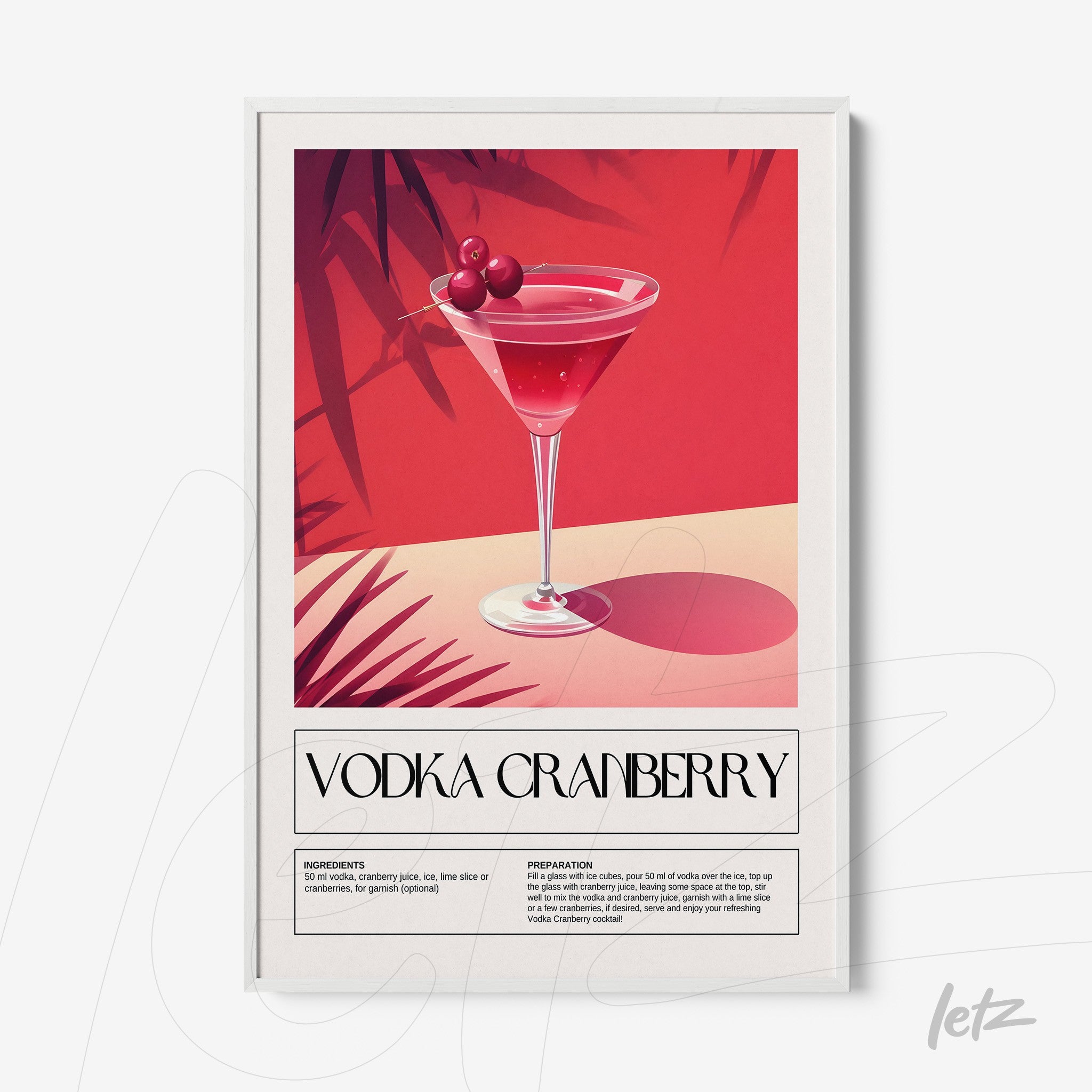 minimalist style framed art of vodka cranberry cocktail with white frame