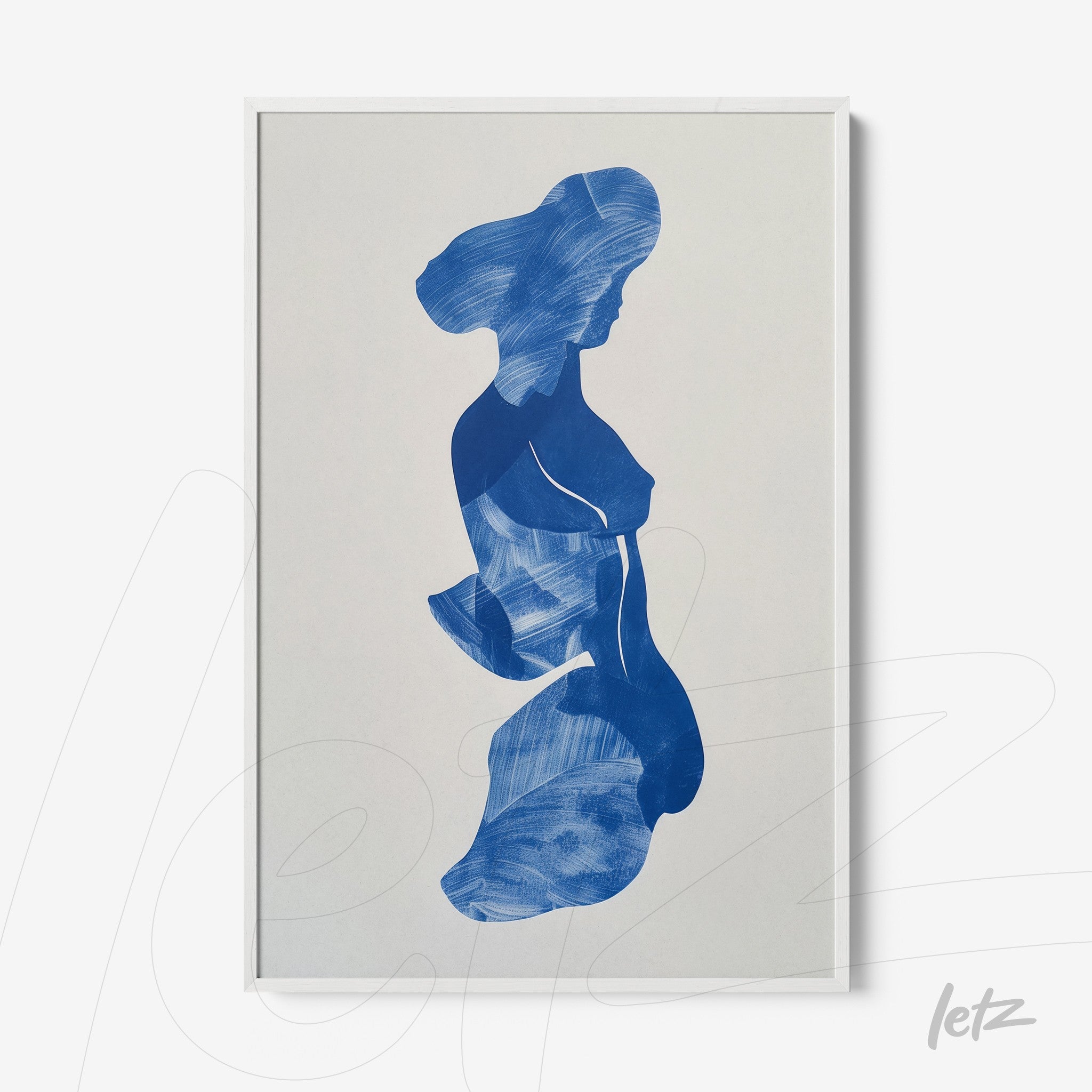 framed art piece depicting a female silhouette in shades of blue set against a light background
