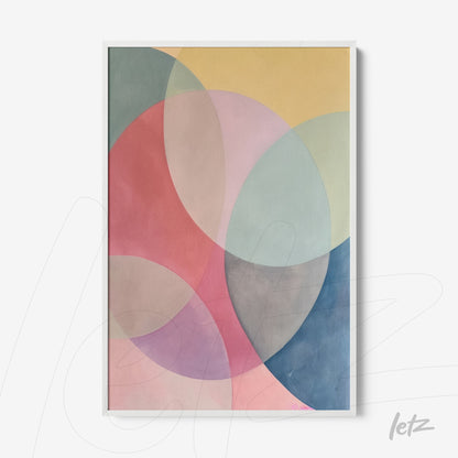 abstract wall art featuring circular shapes in pastel tones with a white frame