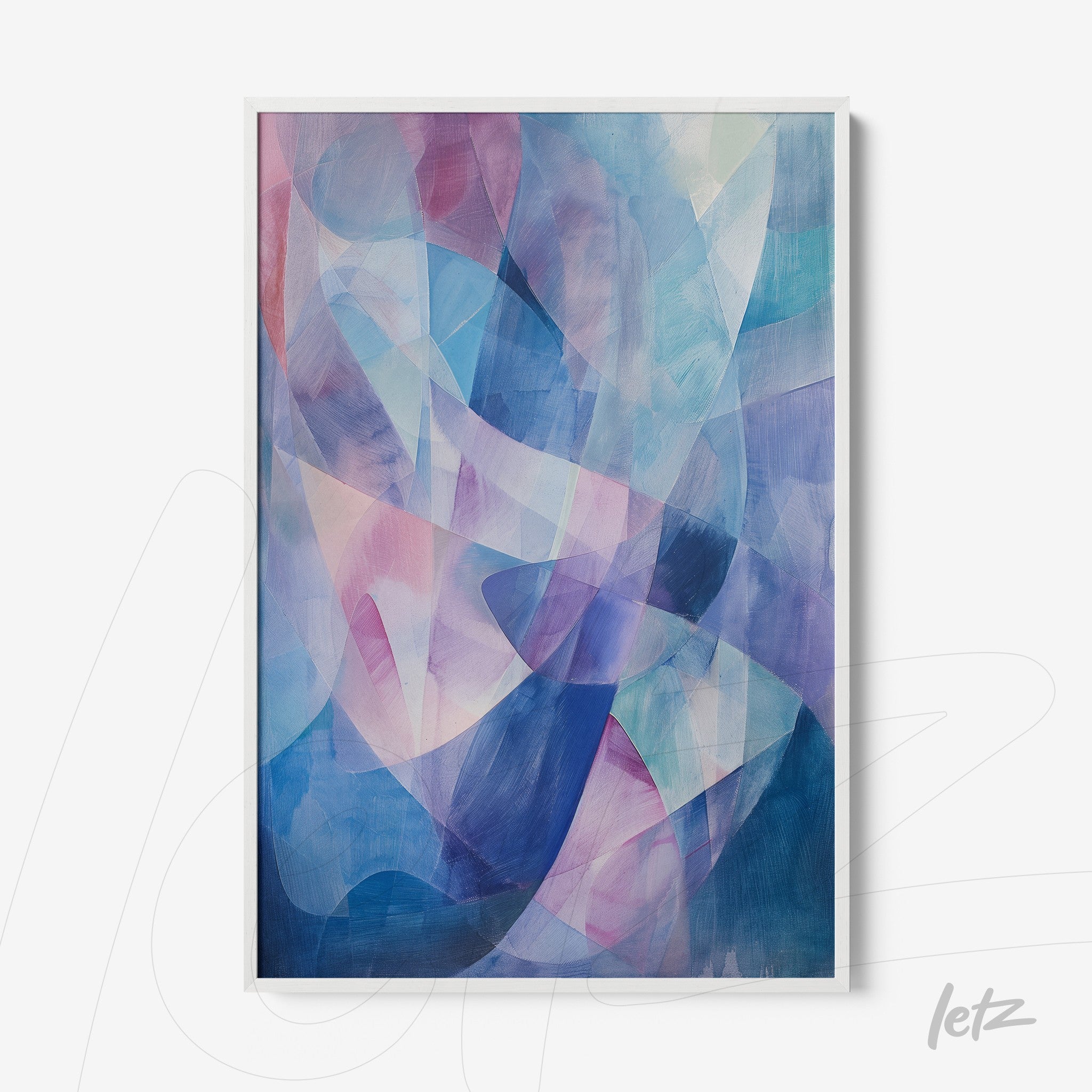 framed abstract art piece in shades of blue and pink featuring fluid shapes on a light background