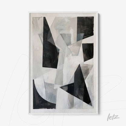 abstract wall art in black and white featuring layered geometric shapes framed in a white frame