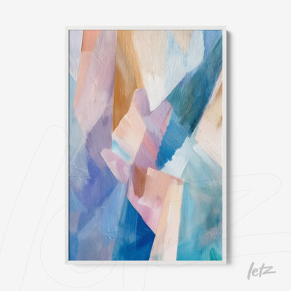 framed abstract art in shades of blue and pink featuring a thin white frame