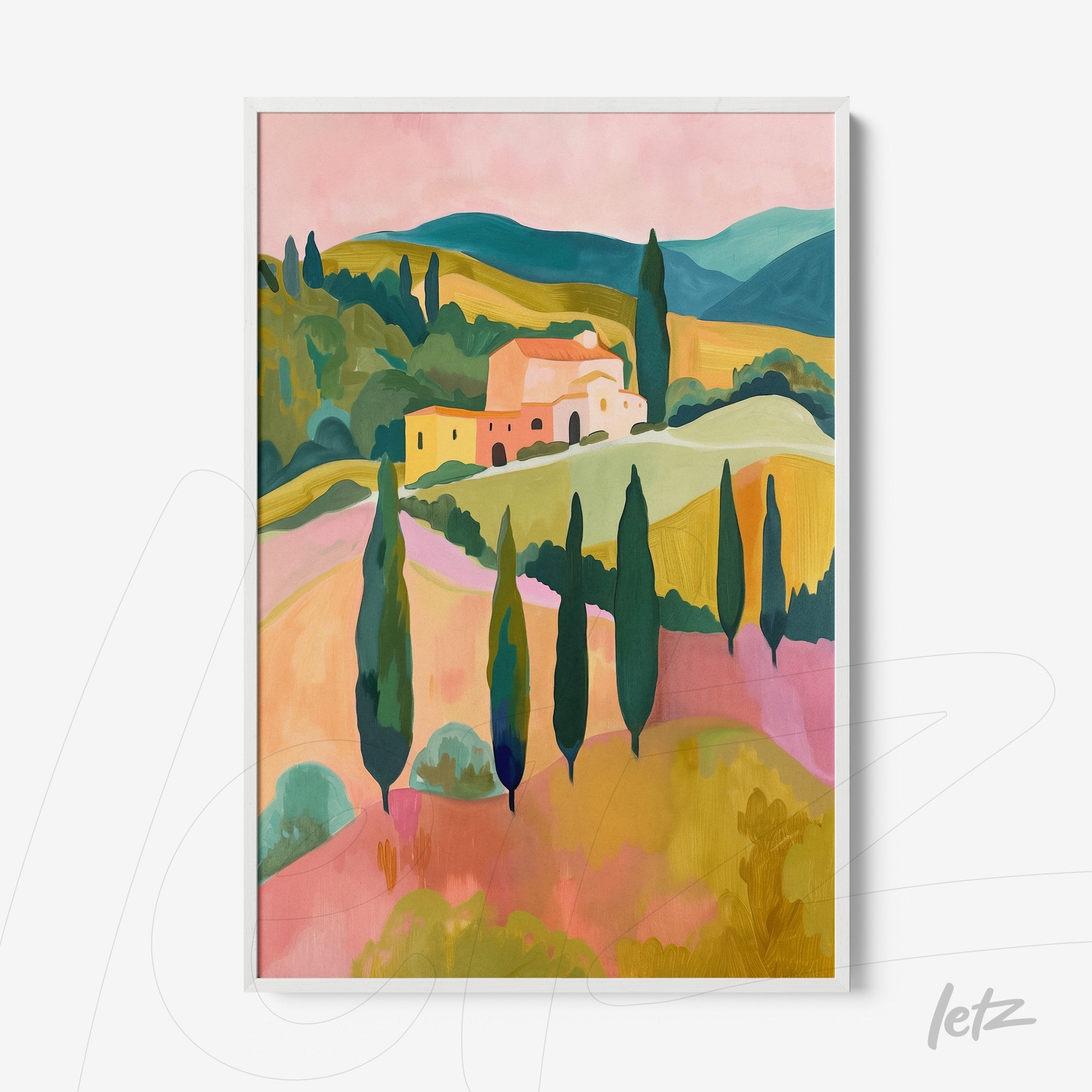 digital art depicting rolling hills, cypress trees, and a house in vibrant shades of pink and green, framed in white