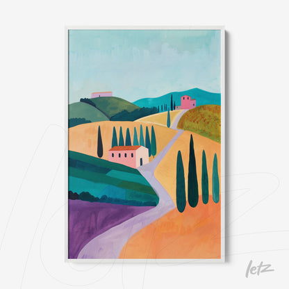 framed wall art featuring a colorful italian landscape with rolling hills, vibrant houses, and tall trees